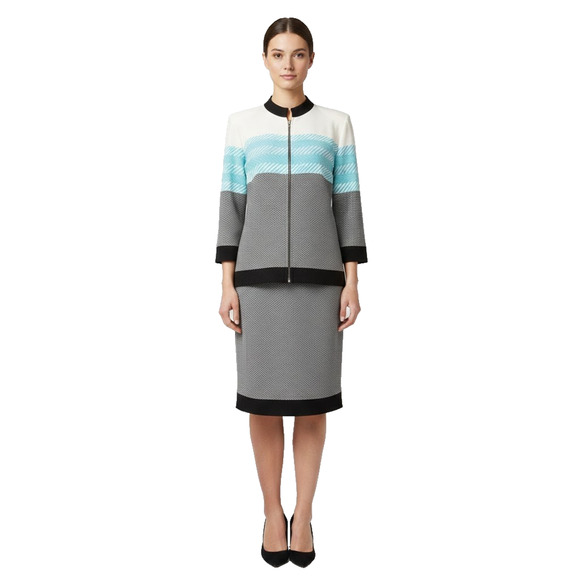 Ming Wang M Knit Jacket Sweater White Aqua Black Zigzag 3/4 Sleeve Zip Cardigan - Picture 1 of 9